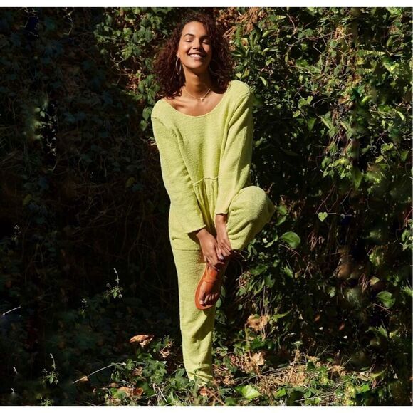 Free People Beach Breaking Free One Piece Jumpsuit Lime Green Knit Oversized S - Picture 1 of 15